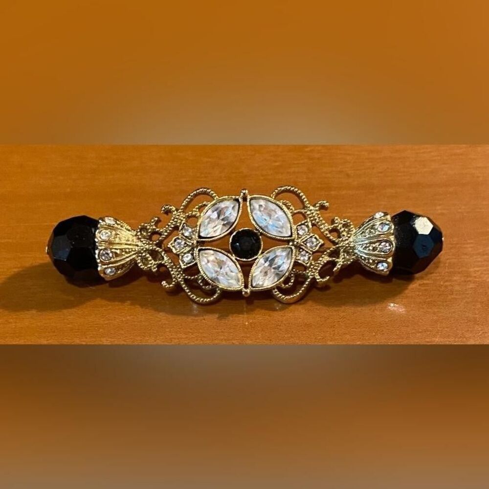 Gold Tone Clear Rhinestone Black Bead Bar Brooch Pin Filigree Flower Jewelry Vtg